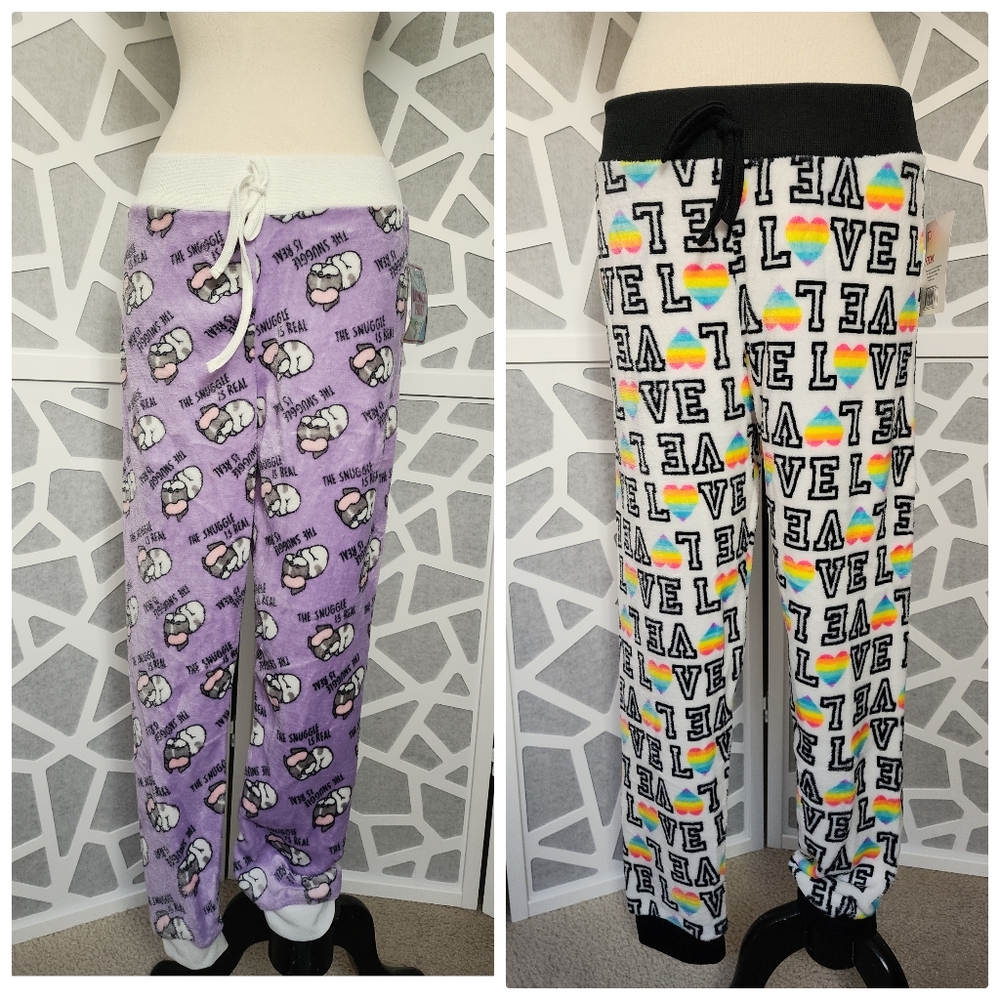 2 Fleece pajama pants (juniors) M. Purple- dogs, L. White- LOVE/rainbow heart